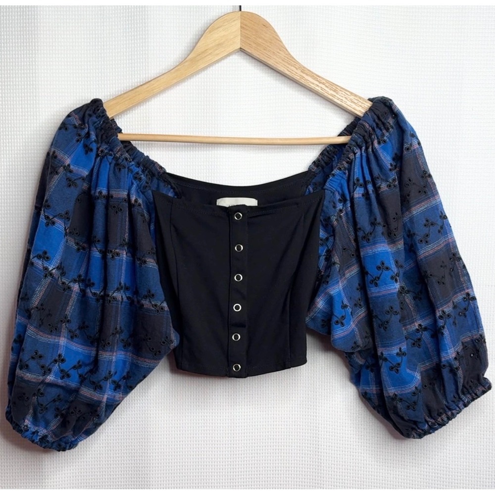 Urban Outfitters Plaid Eyelet Puff Sleeve Crop Top Blue Black XS Indie Sleaze